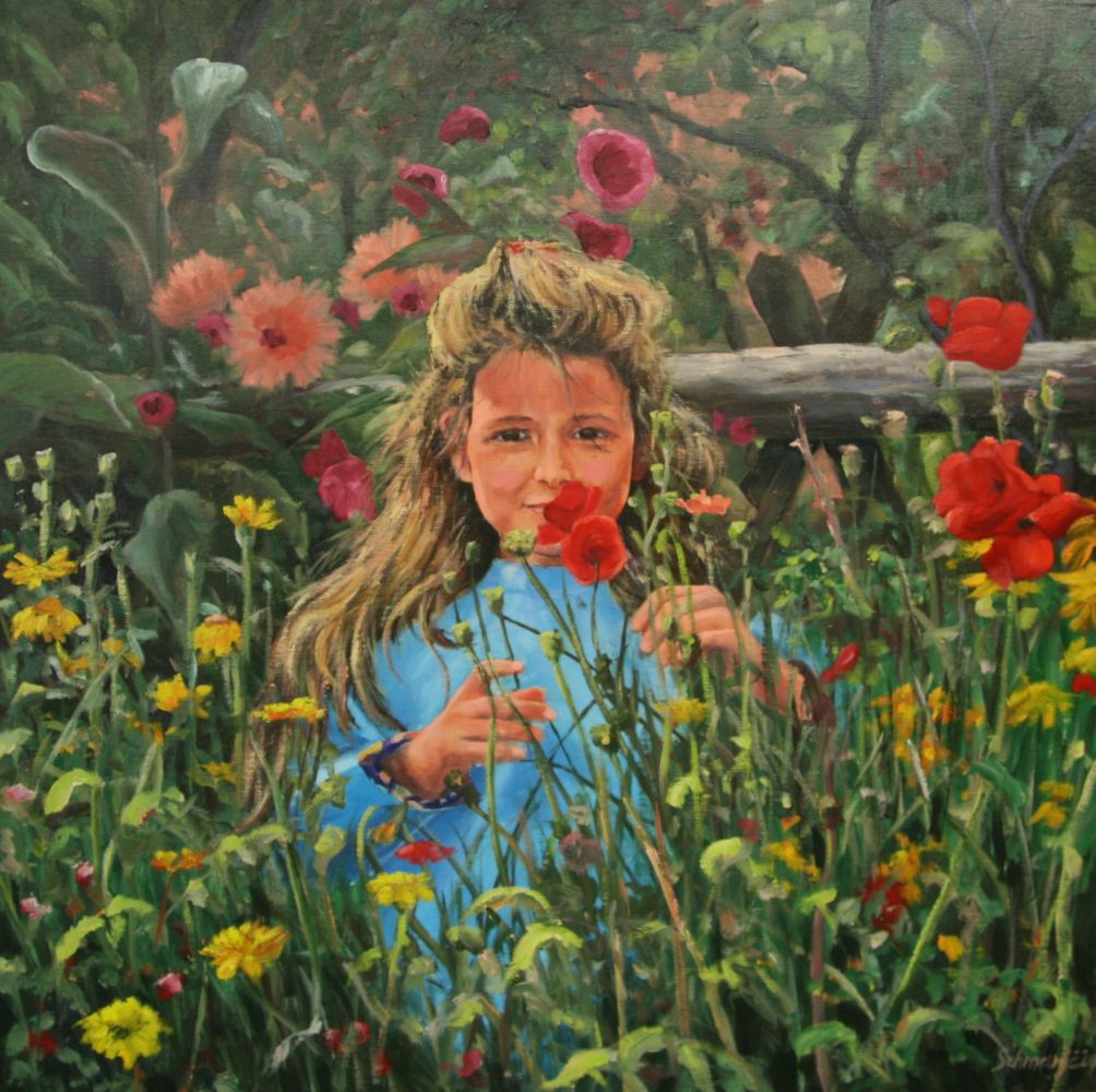 Mädchen im Blumenfeld, Ölgemälde 80 x80cm