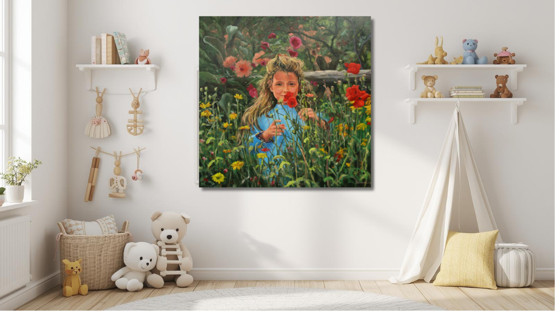 Mädchen im Blumenfeld, Ölgemälde 80 x80cm