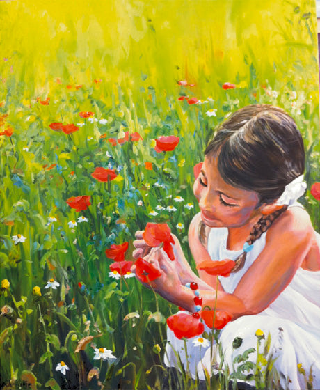 Mädchen auf Blumenwiese, Ölgemälde 120 cm x 100 cm