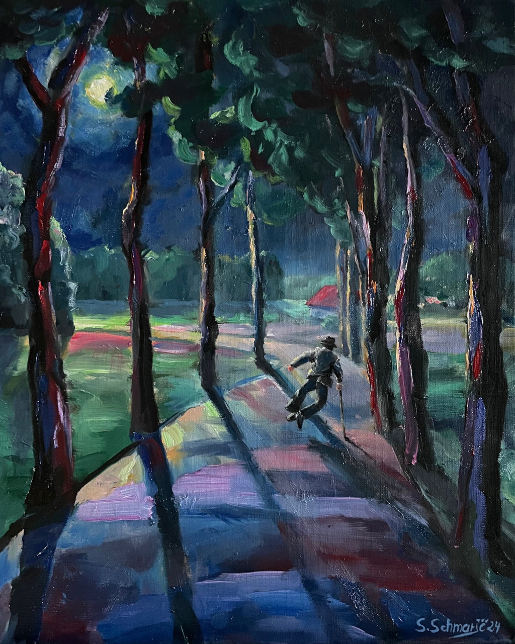 Mann tanzt am Stock auf Weg, Ölbild, 50x40cm