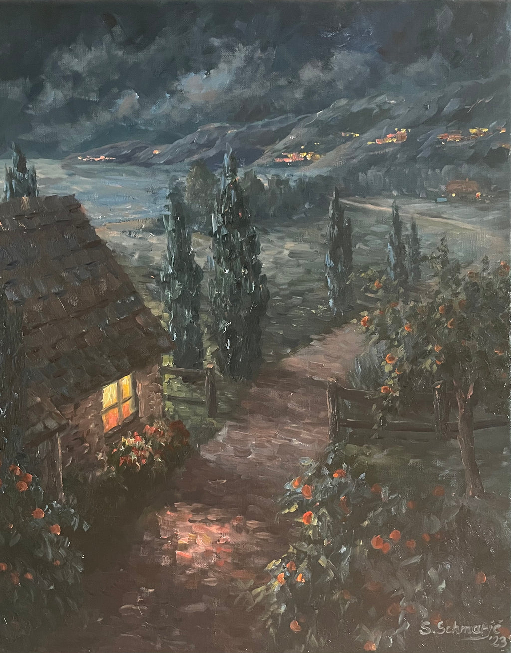 Abendlicht in der Toskana, Ölgemälde auf Leinwand 50x40cm