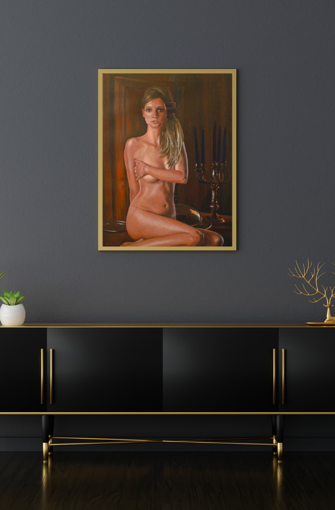 "Akt sitzend mit Kerzenständer" 80x60 cm, Ölgemälde auf Leinwand
