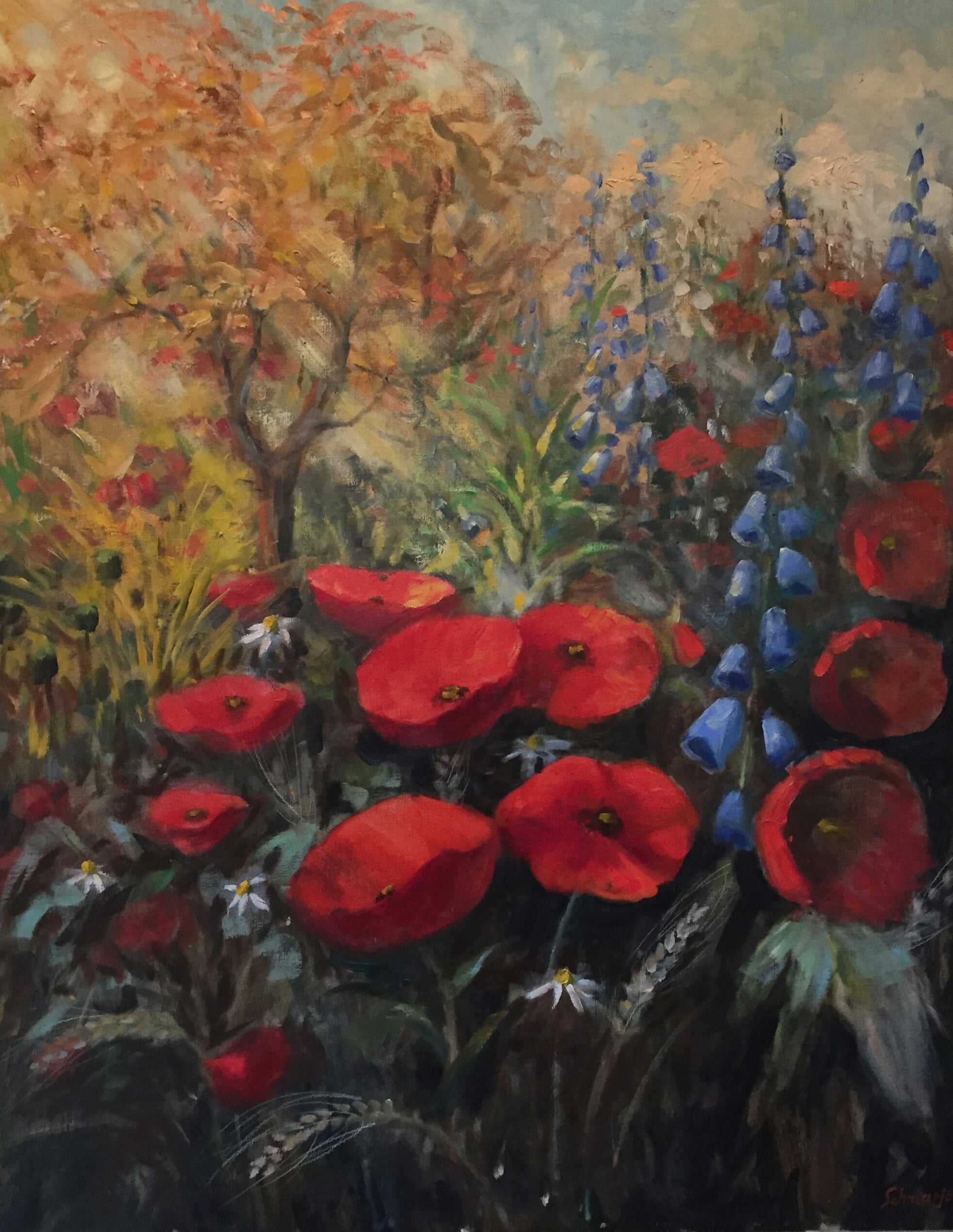 Mohnblumen und Fingerhut, Ölgemälde auf Leinwand, 100x80cm