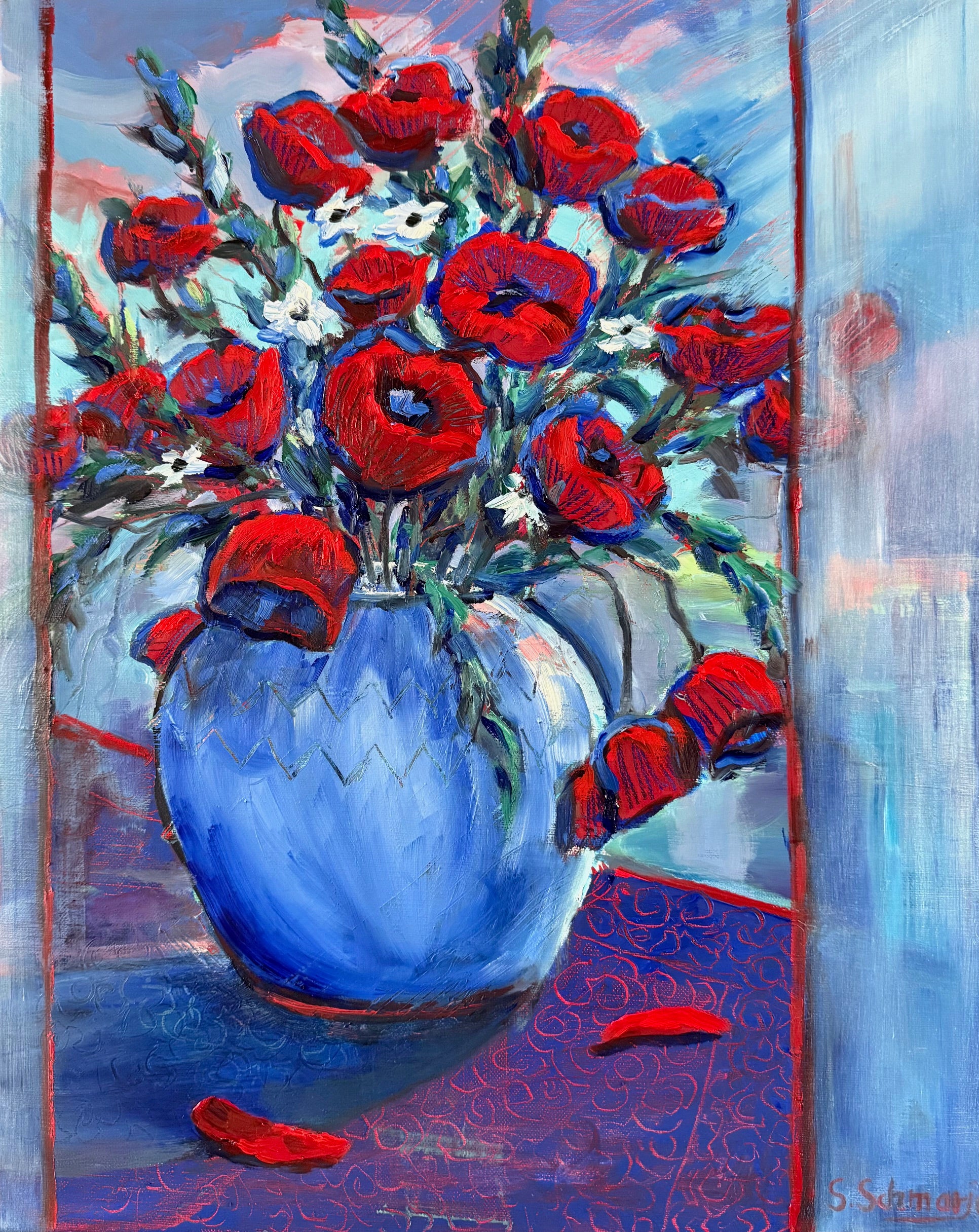 Mohnblumen in Vase, Ölbild auf Leinwand, 50x40cm