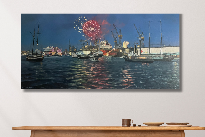 "X2" Hamburger Hafengeburtstag, Ölgemälde 75 cm x 150 cm x 4 cm