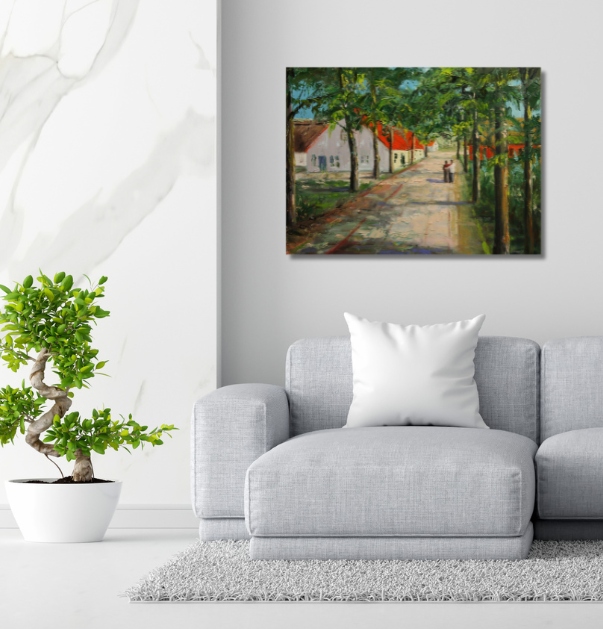 Pärchen auf Dorfstraße, Ölgemälde auf Leinwand, 60x80cm