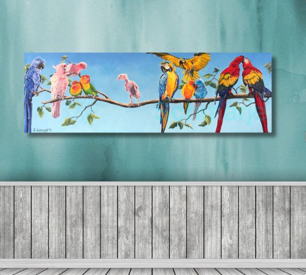 Papageien, Öl auf Leinwand 50 cm X 150 cm