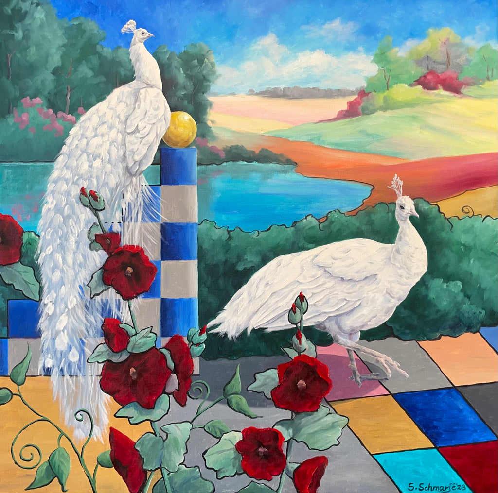 "Pfauen, weiß" - Ölgemälde auf Leinwand, 80 cm x 80 cm