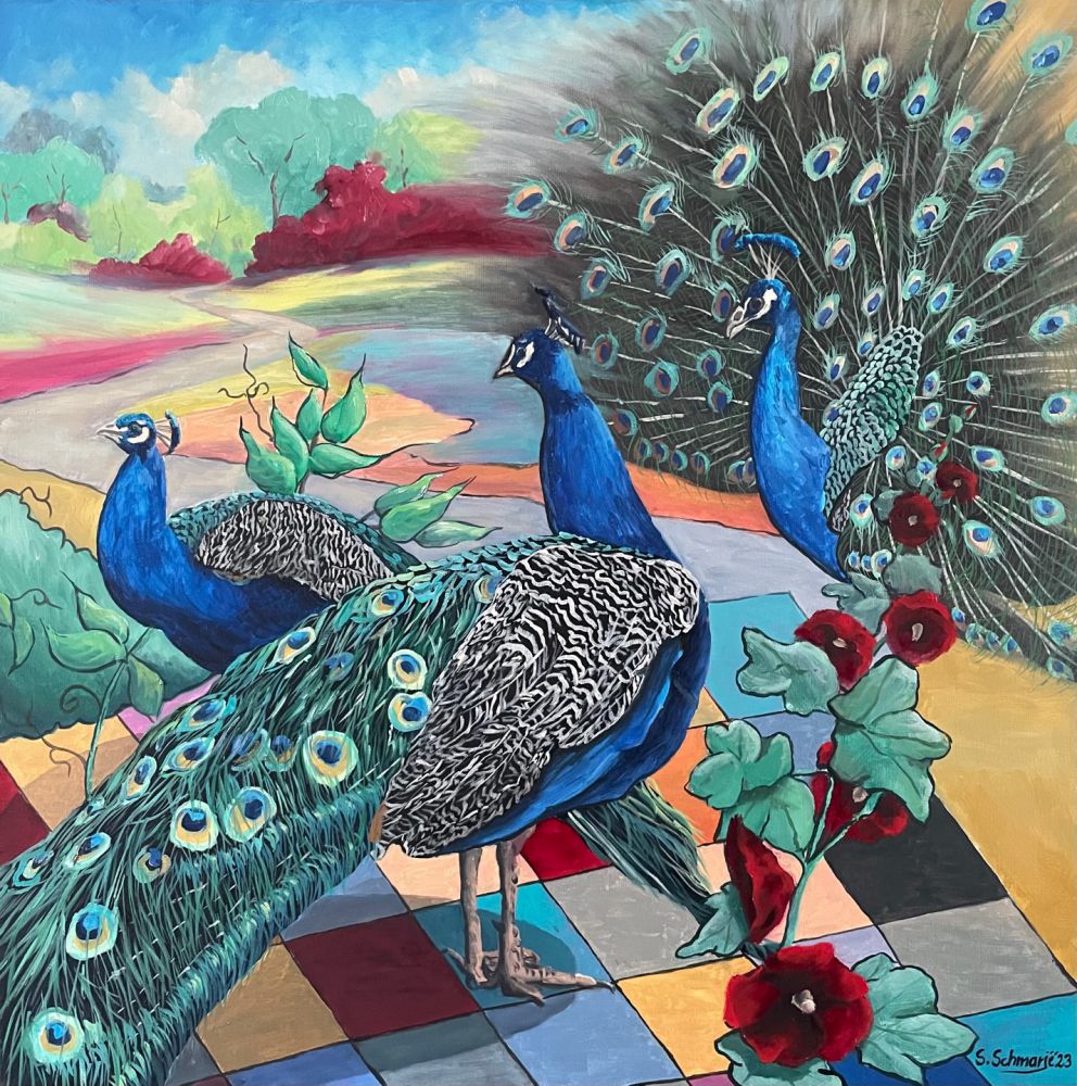 „Pfauen, blau“ – 80 × 80 cm, Öl auf Leinwand