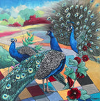 „Pfauen, blau“ – 80 × 80 cm, Öl auf Leinwand