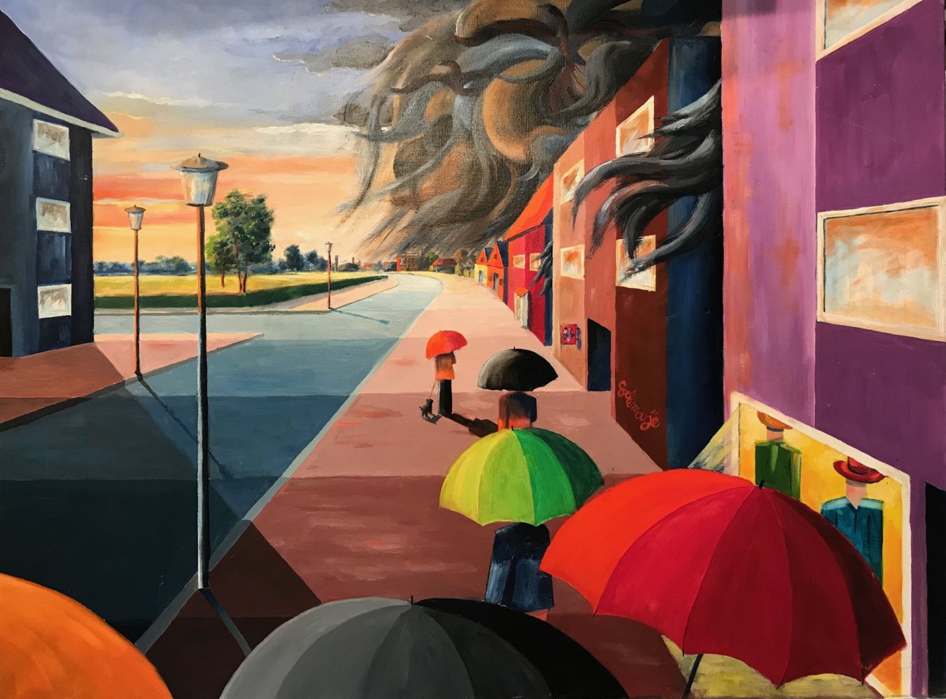„Regenschirme in der Stadt“ – 60 × 80 cm, Öl auf Leinwand
