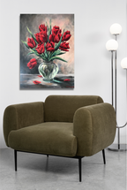 Rote Tulpen in Glasvase, Ölgemälde 80 x 60 cm