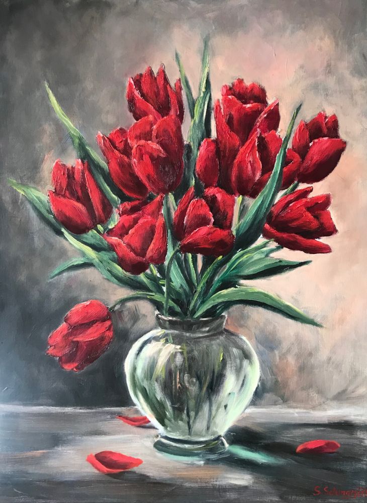 Rote Tulpen in Glasvase, Ölgemälde 80 x 60 cm