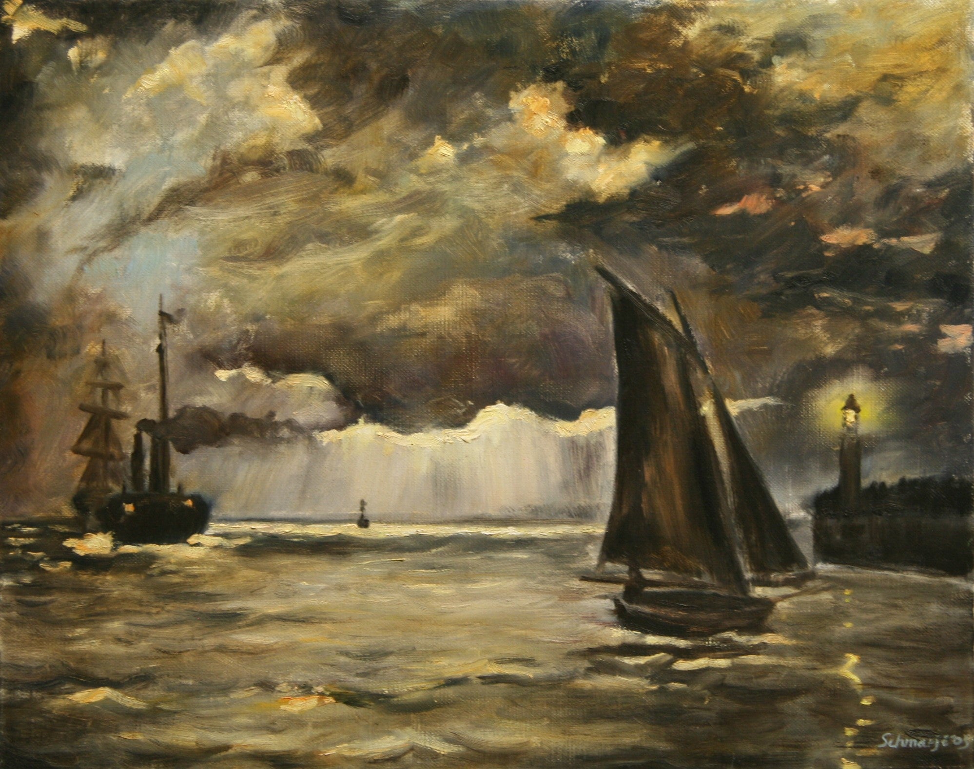 Schiffe im Mondschein nach C. Monet, Ölgemälde auf Leinwand, 40x50cm