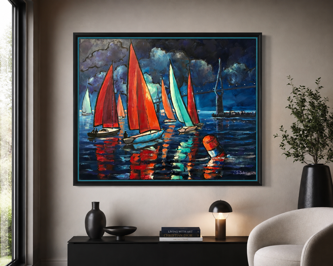 Segelboote vor Köhlbrandbrücke, Ölgemälde auf Leinwand, 80x100cm