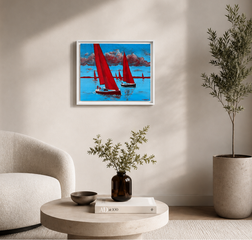 Segelboote rot, Ölbild auf Leinwand, 40x50cm