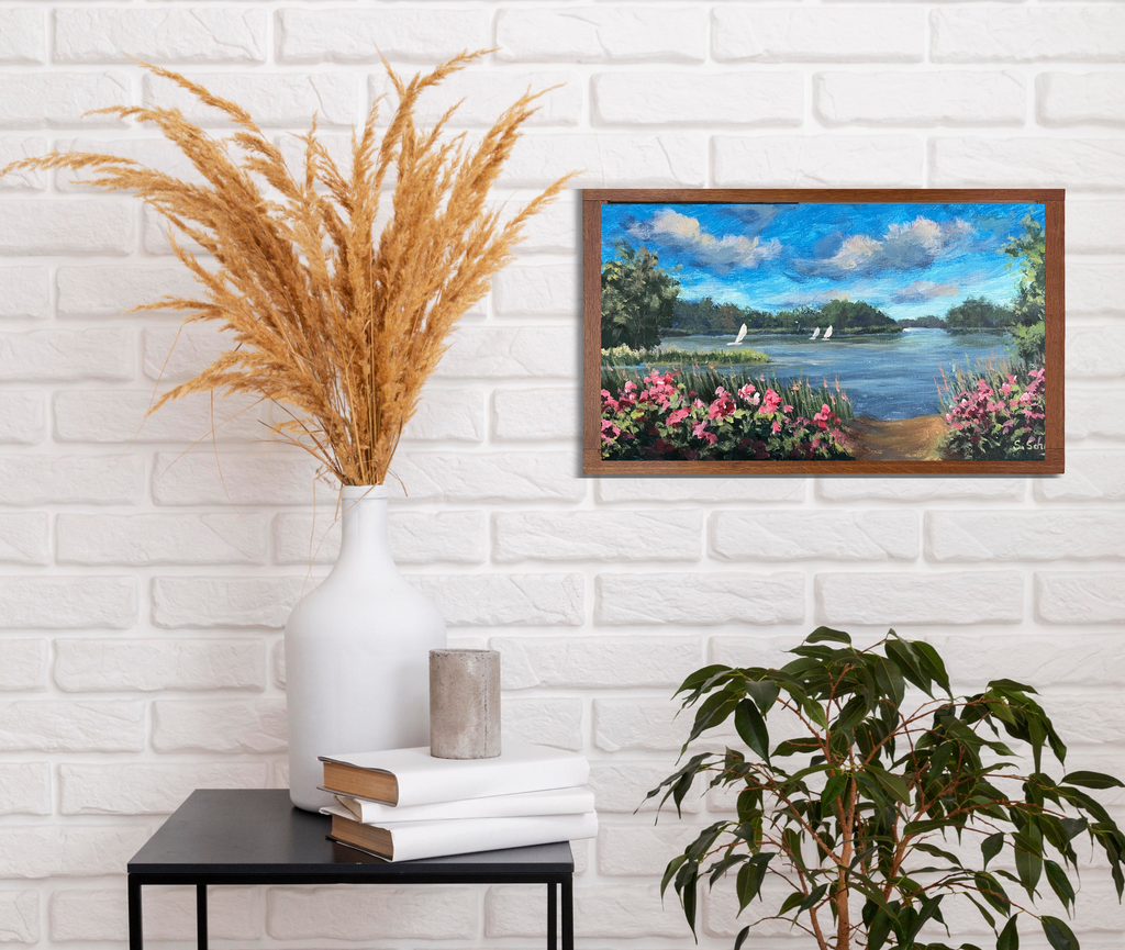 Segelboote auf Schaalsee von der Kutscherscheune, Acrylgemälde auf Leinwand, 20x40cm