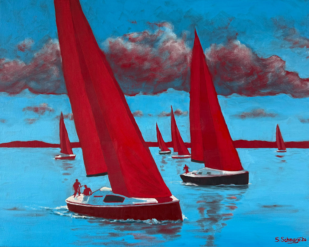 Segelboote rot, Ölbild auf Leinwand, 40x50cm
