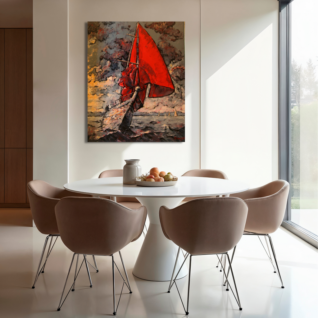 Segelschiff in Rot, Ölgemälde  100 cm x 80 cm