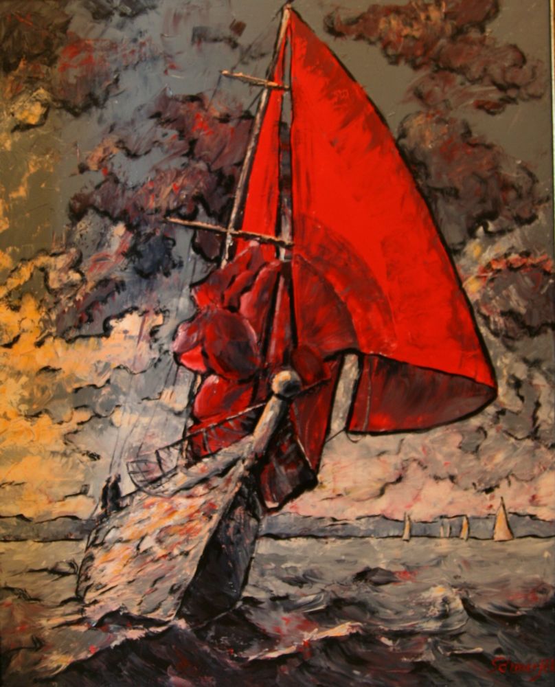Segelschiff in Rot, Ölgemälde  100 cm x 80 cm