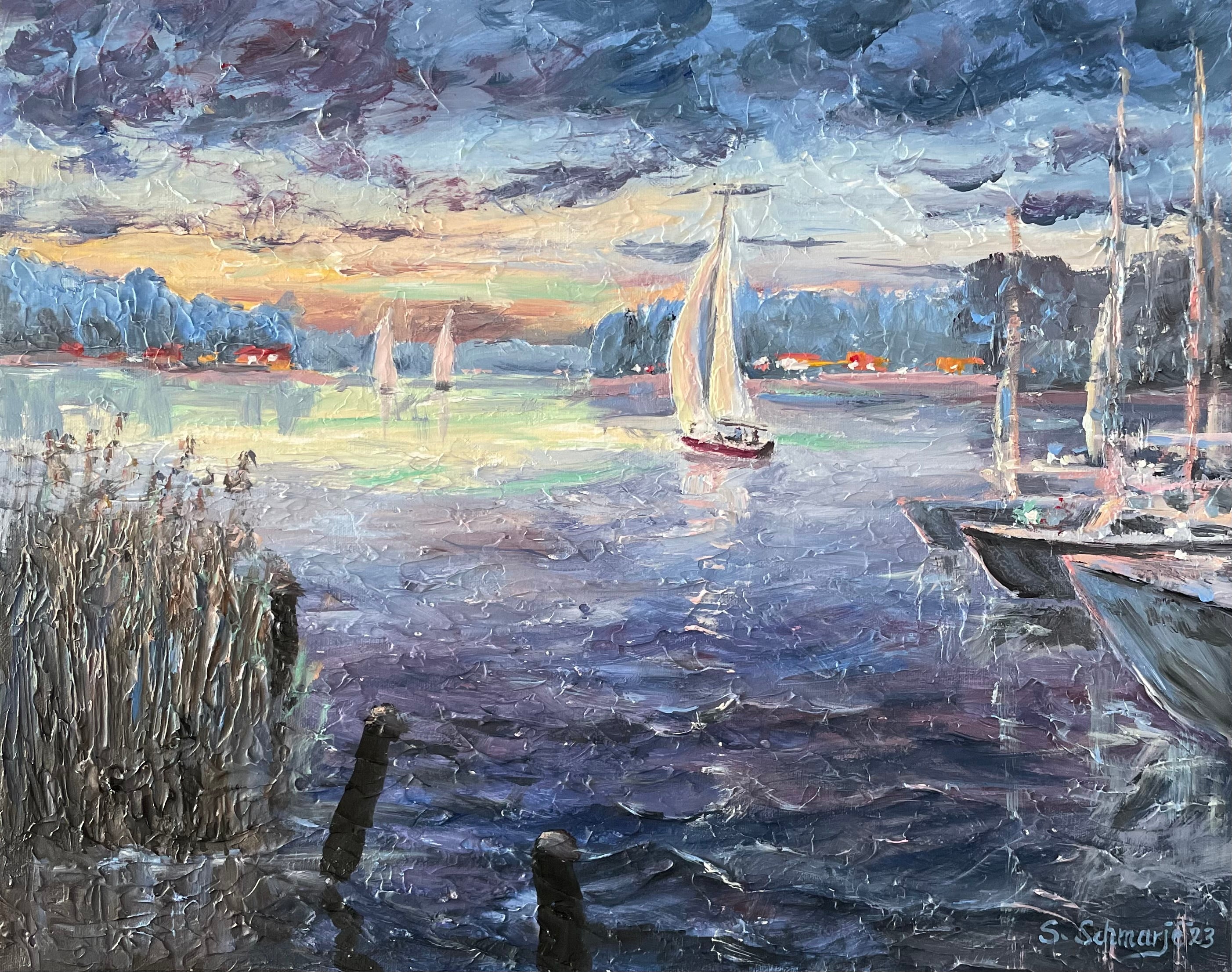 Segelboote am Hafen, Ölgemälde auf Leinwand, gespachtelt, 40x50cm