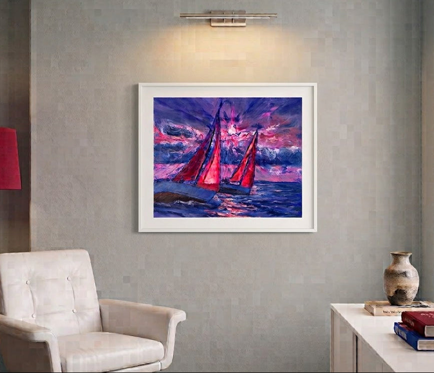 Segelboote im Gegenlicht, Ölbild auf Leinwand, 50x60cm