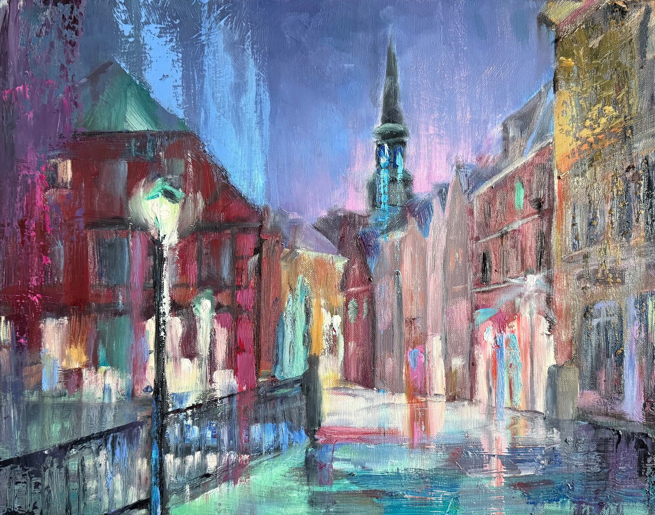 Stade Fischmarkt nachts expressiv, Ölbild auf Leinwand, 40x50cm
