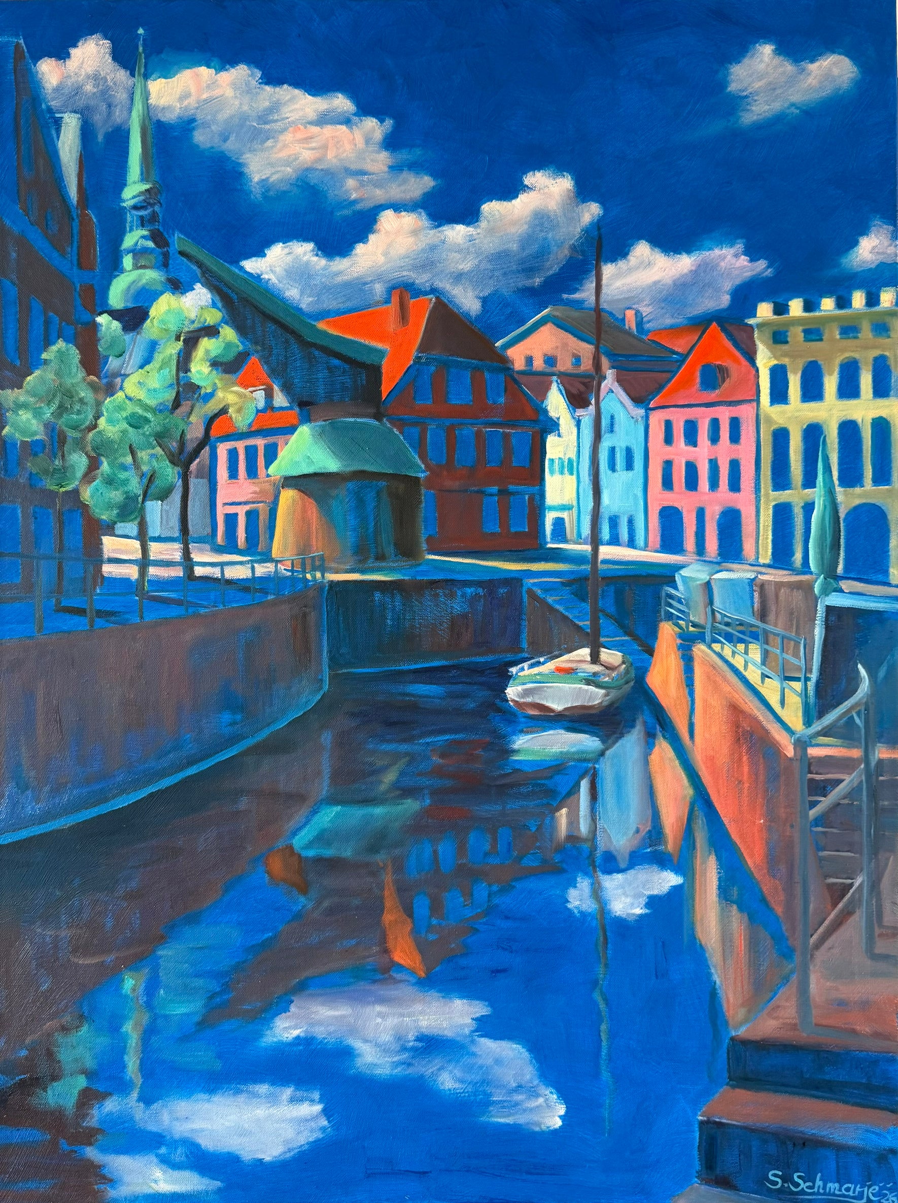 Stade Fischmarkt expressiv, Ölbild auf Leinwand, 80x60cm
