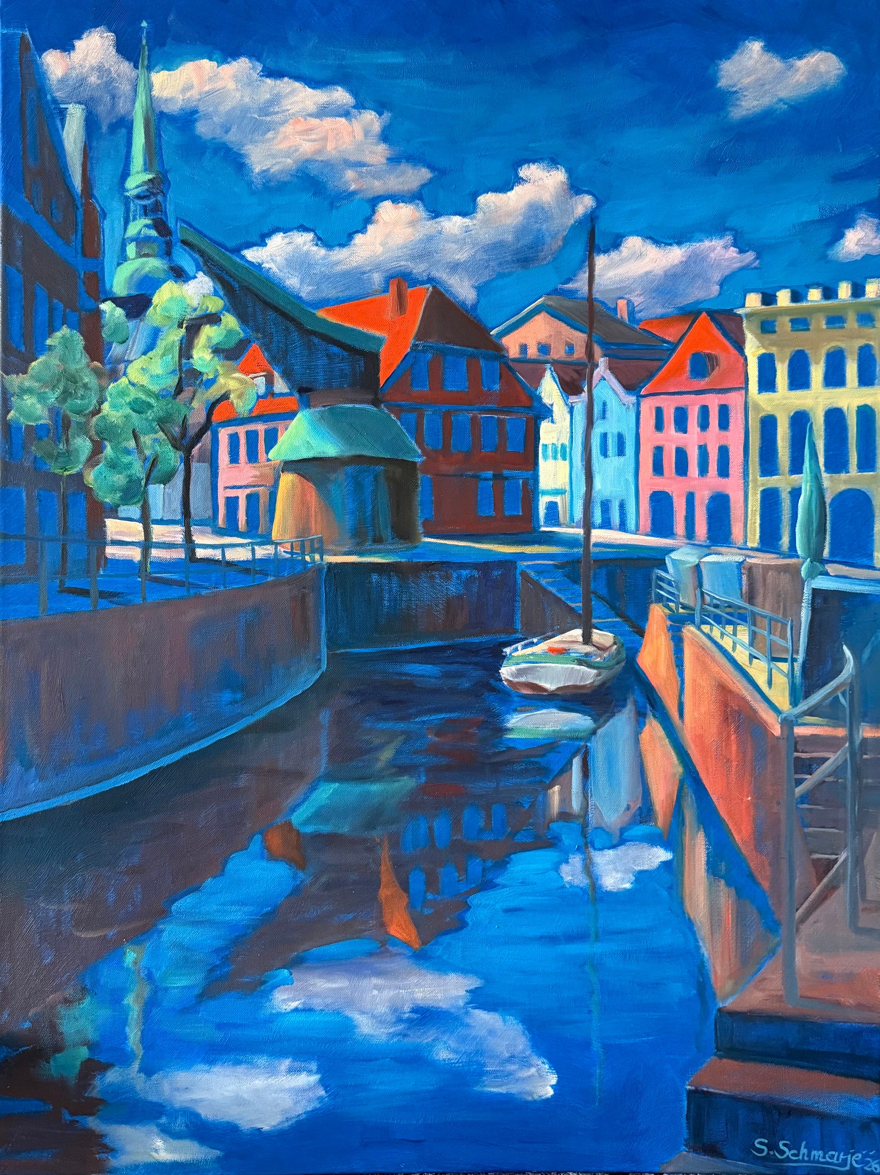 Stade Fischmarkt expressiv, Ölbild auf Leinwand, 80x60cm