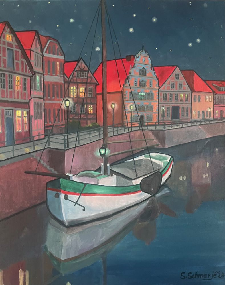 Fischmarkt Stade bei Nacht, Ölgemälde 50 x40 cm