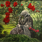 Steinstatue mit Laute, Ölgemälde 80 x 80 cm