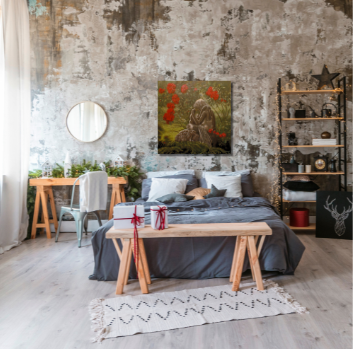 Steinstatue mit Laute, Ölgemälde 80 x 80 cm