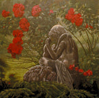 Steinstatue mit Laute, Ölgemälde 80 x 80 cm