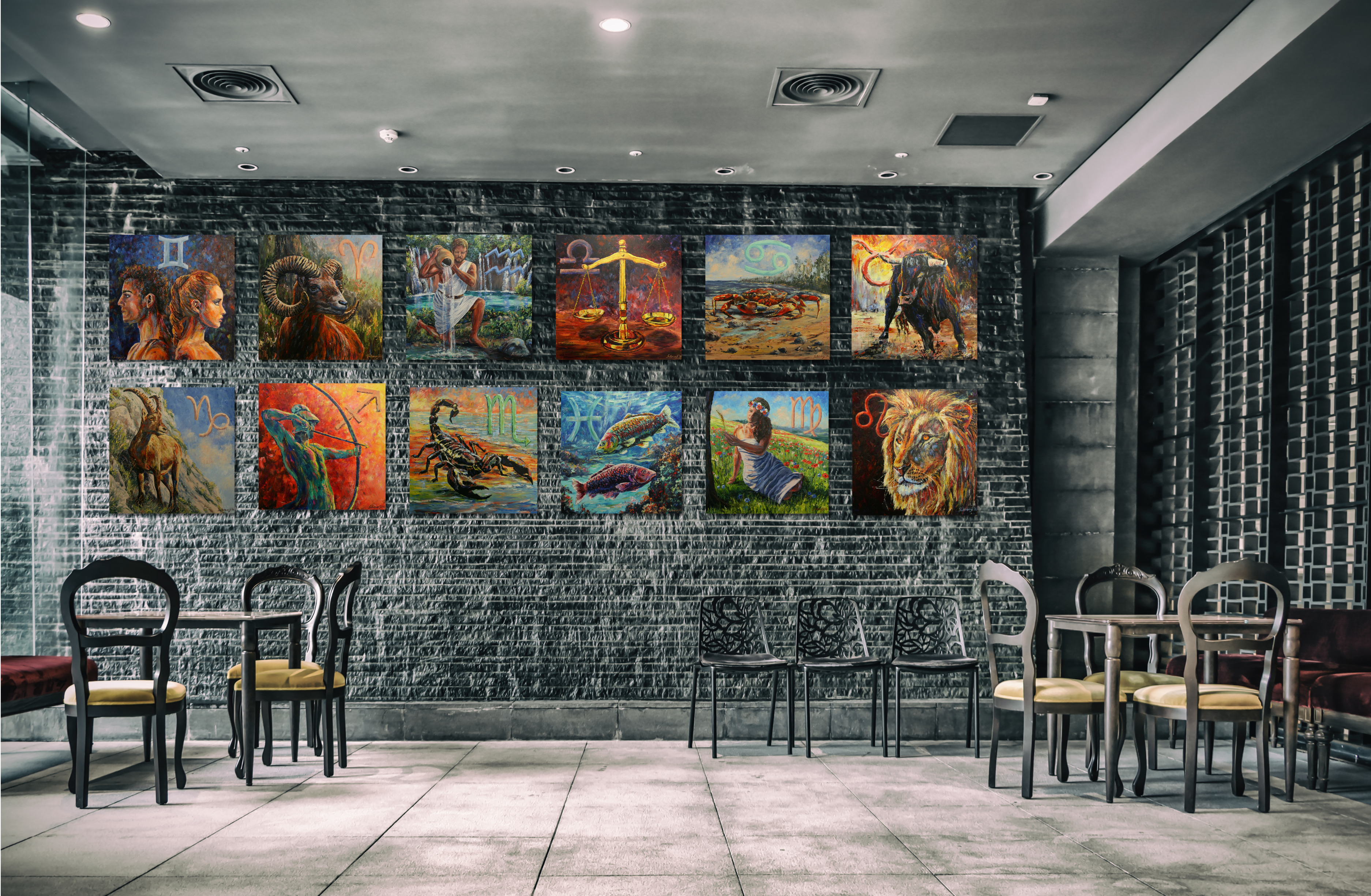 Sternzeichen, Ölgemälde 12-teilig, je 60 x 60 cm