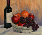 Weinflasche mit Obstschale, Ölgemälde auf Leinwand, 50x60cm