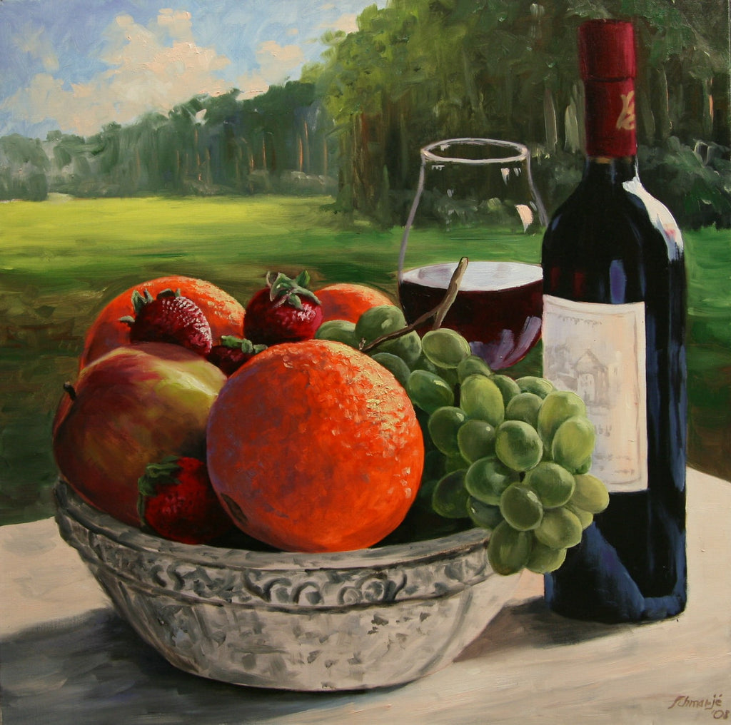 Stillleben mit Obstschale und Wein, Ölgemälde auf Leinwand, 80x80cm