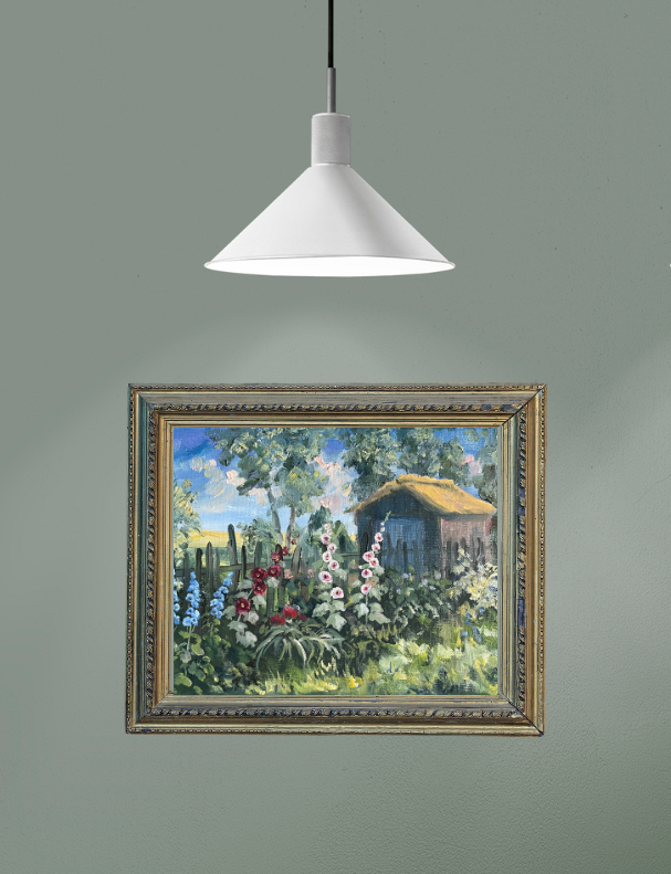 Stockrosen vor Scheune, Ölgemälde auf Leinwand, 18x24cm