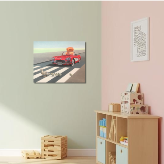 Gummibär fährt Auto, Ölgemälde, 40 cm x 50 cm