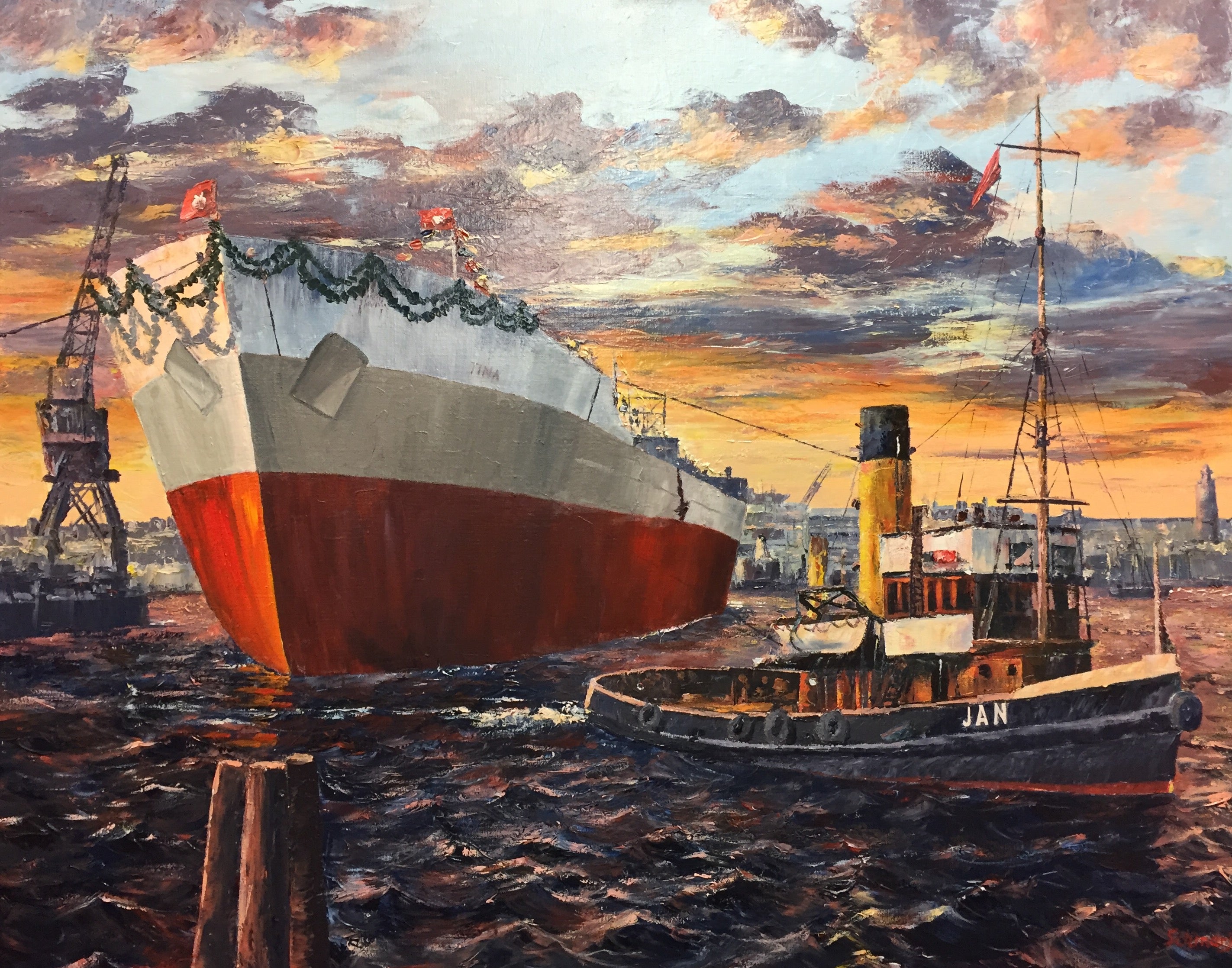 Tina Onassis Stapellauf, Ölgemälde auf Leinwand, gespachtelt, 80x100cm