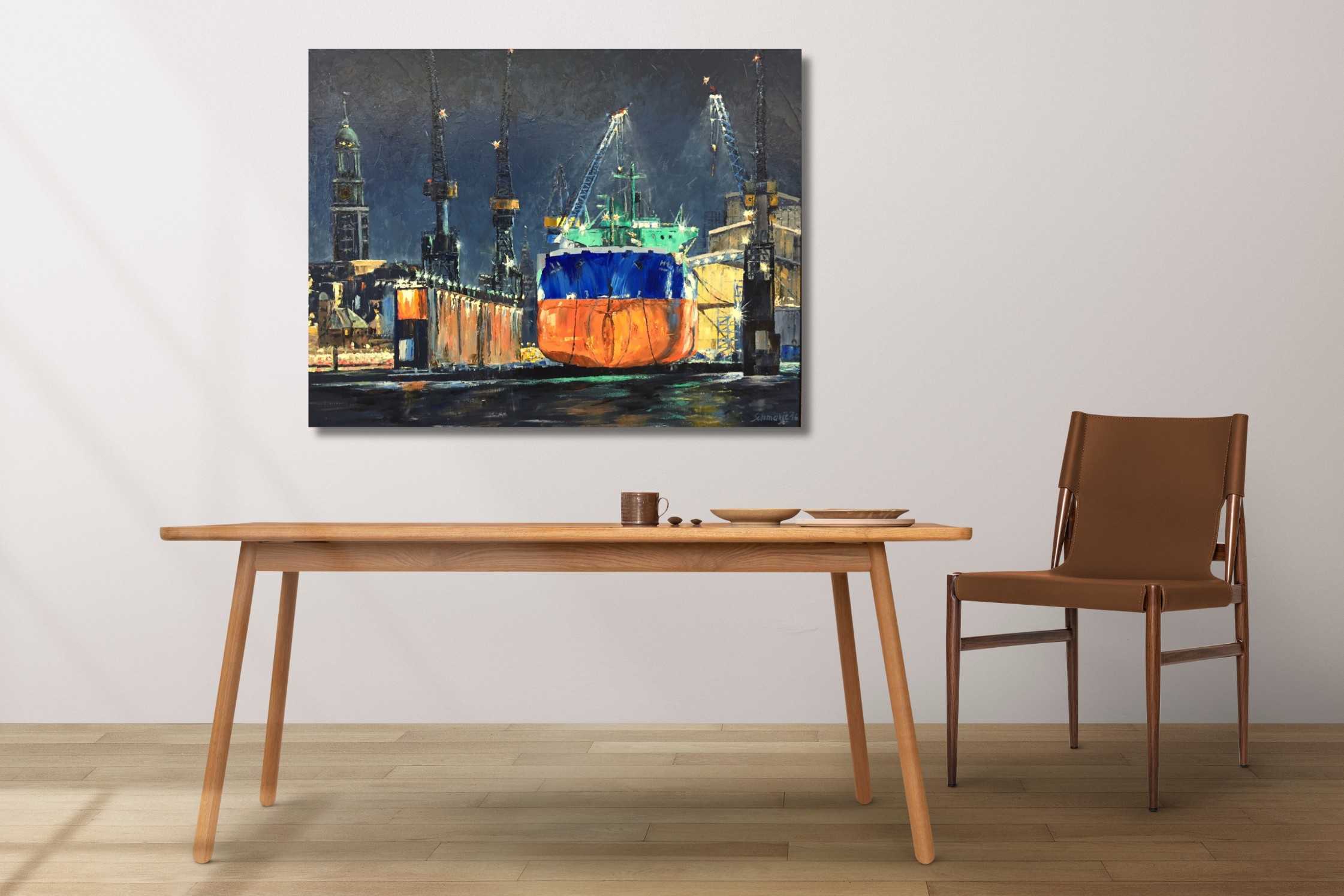 Trockendock bei Nacht, Öl gespachtelt 80 x 100 cm