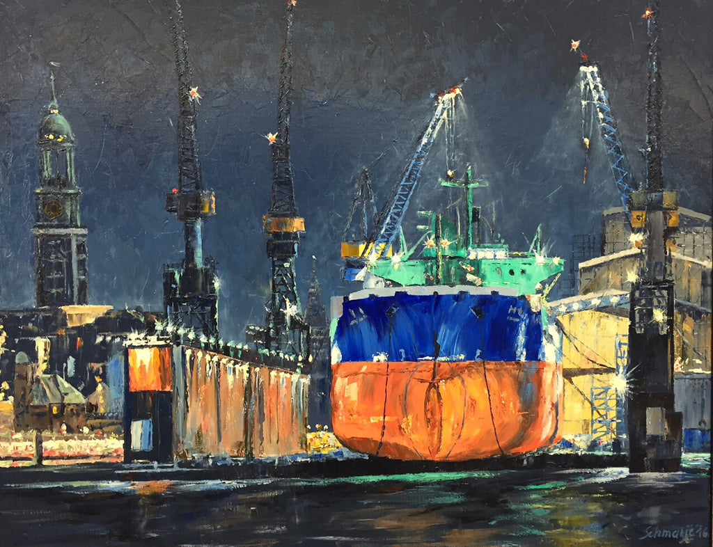 Trockendock bei Nacht, Öl gespachtelt 80 x 100 cm
