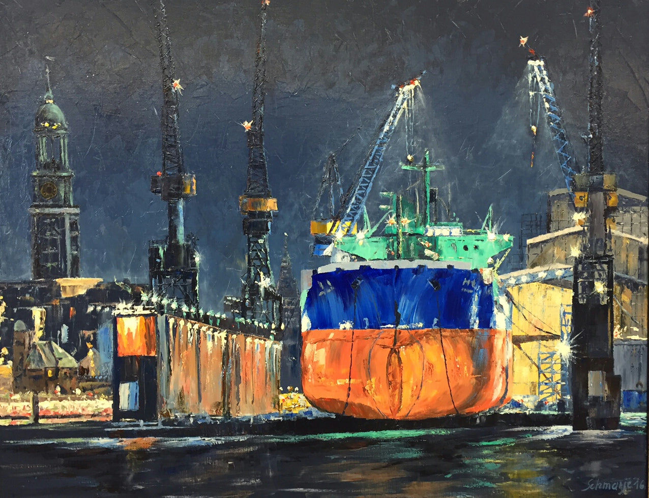 Trockendock bei Nacht, Öl gespachtelt 80 x 100 cm
