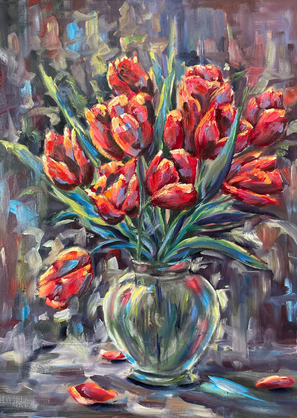 Rote Tulpen in Glasvase, Ölgemälde 80 x 60 cm