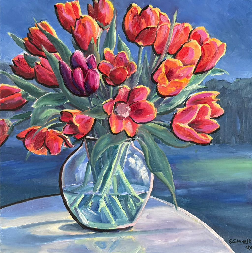 Tulpen in Glasvase, Ölbild auf Leinwand, 50x50cm