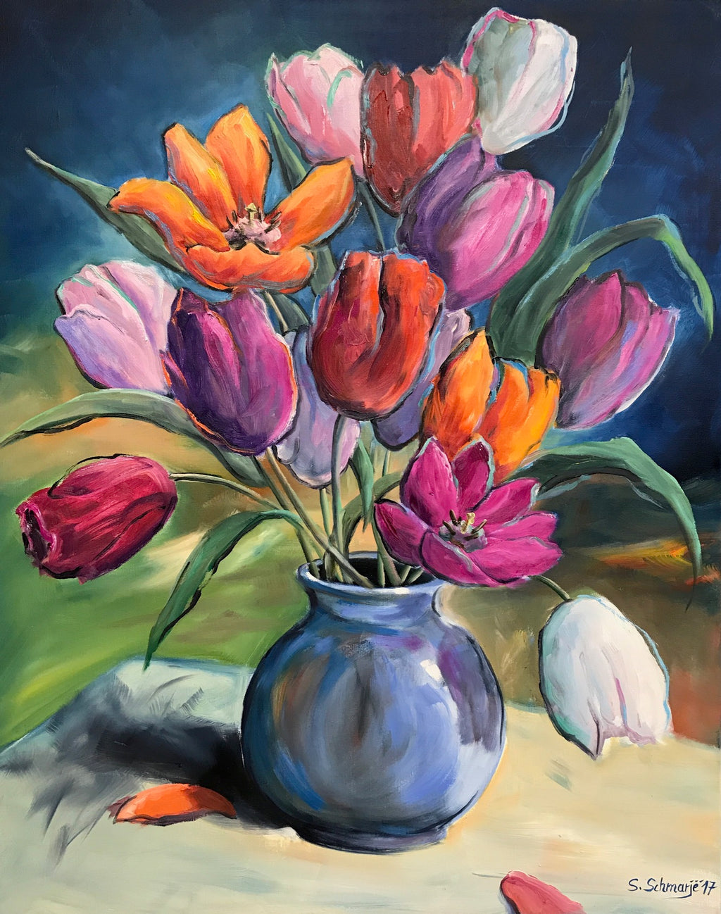 Tulpen in Vase, Ölgemälde auf Leinwand, 100x80cm