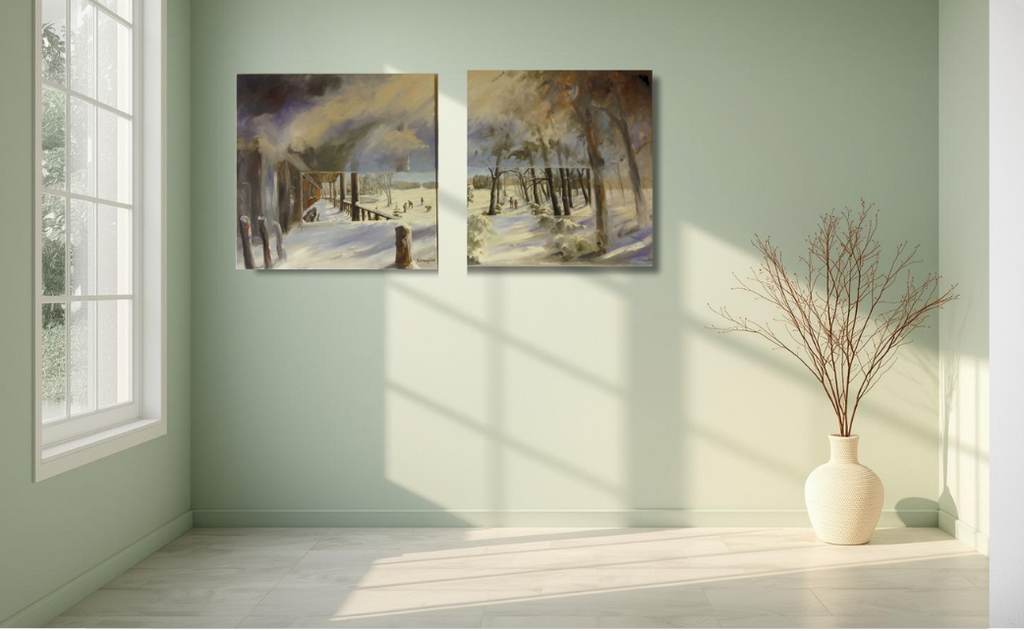 "X6"Winterlandschaft mit Kindern, Ölgemälde 2-teilig, je 80 x 80 cm