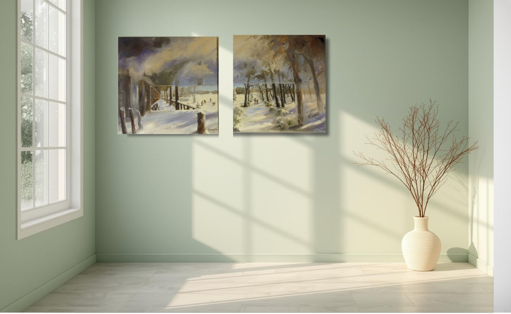 "X6"Winterlandschaft mit Kindern, Ölgemälde 2-teilig, je 80 x 80 cm
