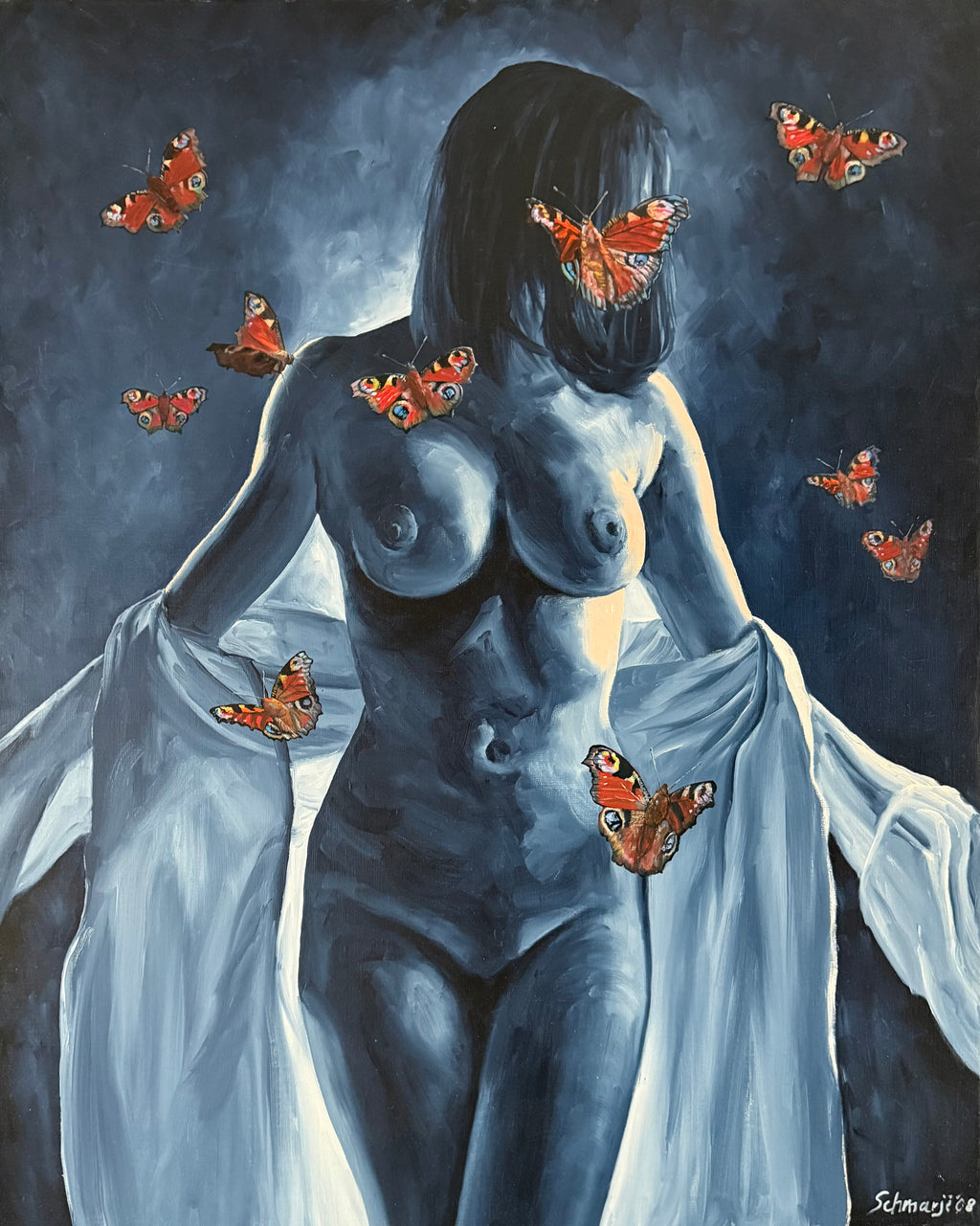 Akt mit Schmetterlingen, Ölbild auf Leinwand, 100x80cm