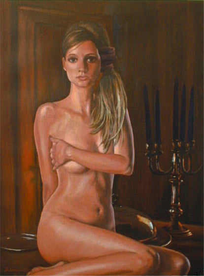 "Akt sitzend mit Kerzenständer" 80x60 cm, Ölgemälde auf Leinwand