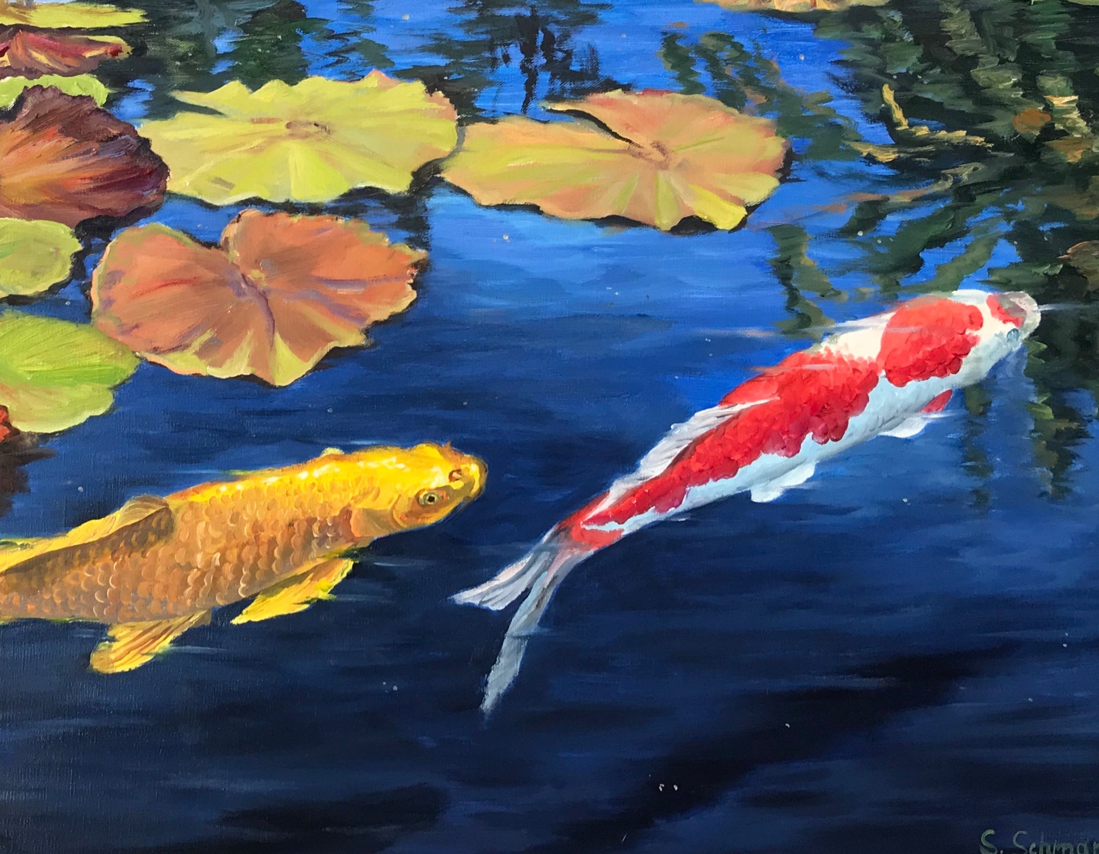 Kois im Herbstlicht, Ölgemälde 70 cm x 90 cm